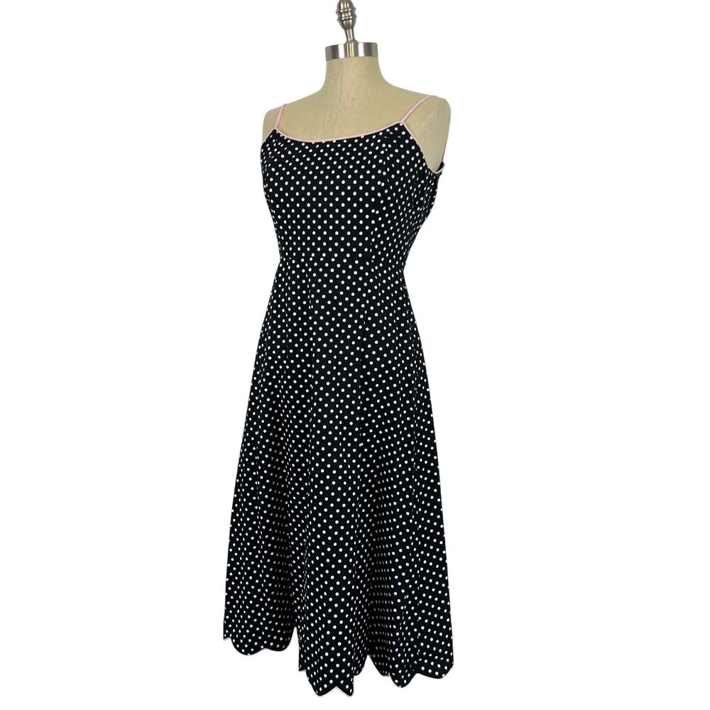 Vintage Jessica Howard Petite Black White Polka Dot Pink Trim Midi Dress (Sz 4)